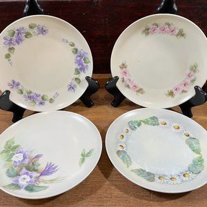 Set of 4 MZ Austria Hand Painted Salad Dessert Plates Daisy Columbine Wild Rose